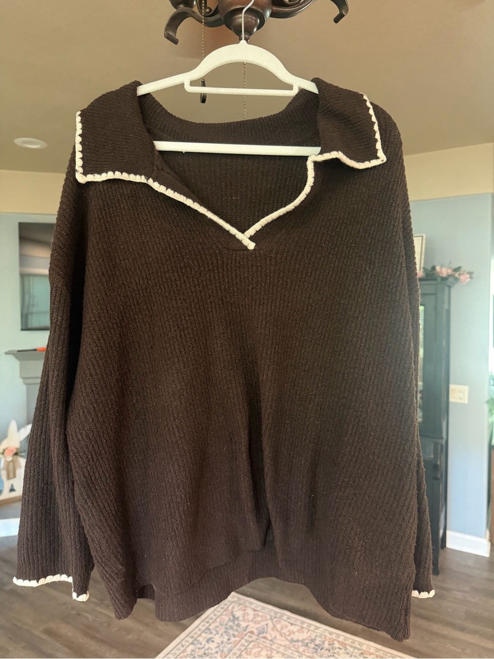 SHEIN Dark Brown V-Neck Sweater with Cream Trim